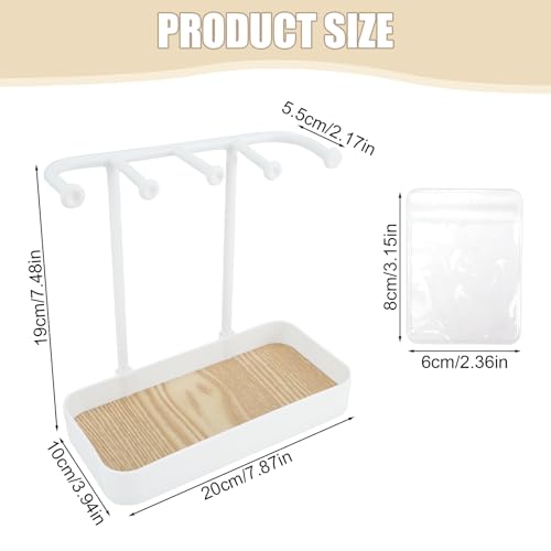 Jewelry Organizer Stand, Necklace Holder with Wooden Tray 5 Storage Hooks, Earring Holder with 5 Pcs Jewelry Bags for Bracelet,Chains,Rings,Earrings,Keys Watches,Necklaces (White) - color: White
