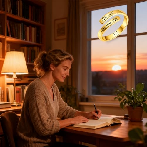 Sonateomber Gold Silver Faith Open Rings for Women ，Adjustable Minimalist Personality Encouragement Hope Love Healing Promise Ring Wedding Festival Accessories Fashion Jewelry Gift - color: Gold-Just Breathe