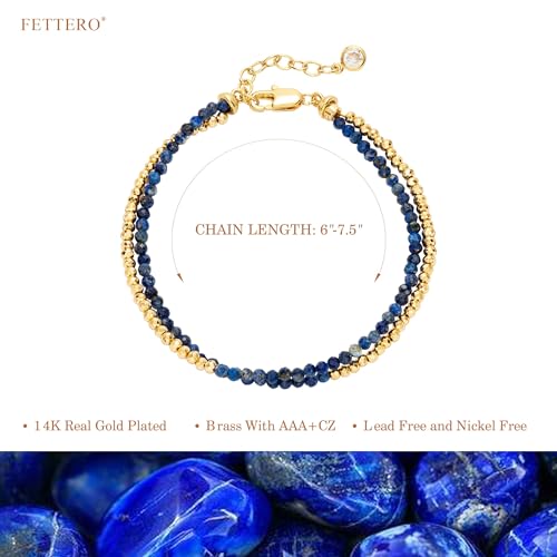 Fettero Beaded Bracelets for Women Charm Natural Stone Handmade Beads White Gold Plated Dainty Gold Bracelets Non Tarnish Boho Summer Beach Vacation Jewelry - color: Blue Lapis-Round