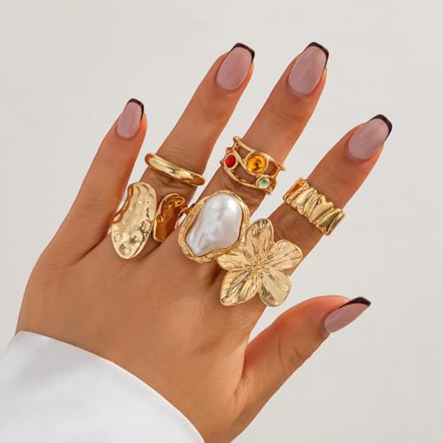 6Pcs Gold Flower Crystal Chunky Knuckle Rings Stacked for Women, Statement Stack Zirconia Hammered Geometry Irregular Baroque Pearl Open Ring Jewelry Gift - color: Gold