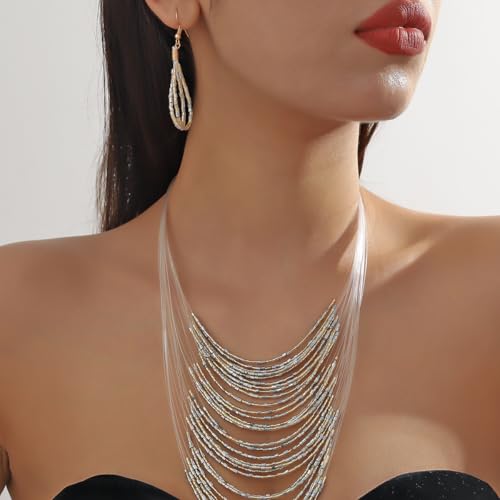 Bohemian Colorful Beaded Earrings Necklace Geometric Teardrop Dangle Earrings Multi-layered Stackable Choker Necklaces Boho Seed Bead Chain Statement Beach Party Accessories - color: Silver