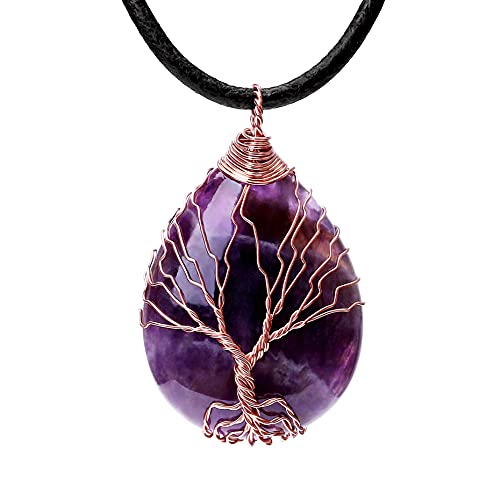 7 Chakra Gemstone Healing Crystals Necklace - Copper Wire Wrapped Natural Unisex Hippie Leather Choker - color: 1. Amethyst