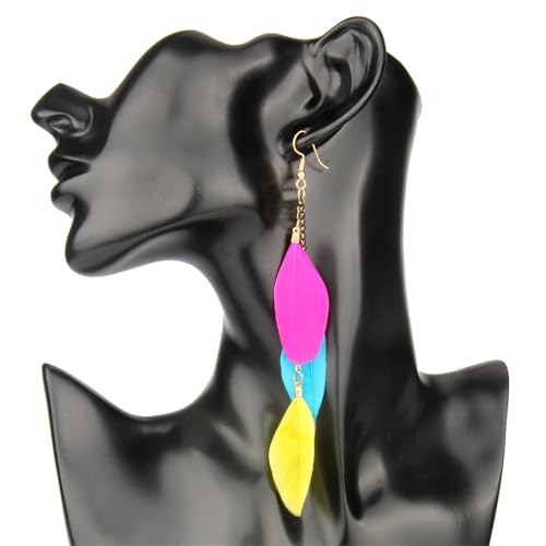 coadipress Boho Piercing Tassel Feather Long Chain Earrings Retro Lightweight Native Feather Dangle Drop Earrings for Women Bohemian Handmade Natural Feathers Earring Jewelry - color: Muticolor