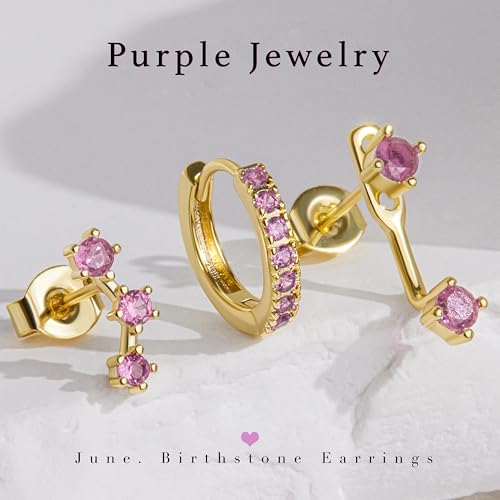 3 Pairs Dainty Small 4th of July Earrings for Women Trendy, Birthstone Stud Huggie Hoop Jacket Stack for Cartilage Helix, Gold Plated Hypoallergenic Cute Women Fashion Accessories Western Jewelry Gifts - color: 06Purple Created Alexandrite-June (Gold)