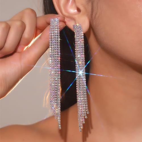 Rhinestone Tassel Earrings Sparkly Long Fringe Crystal Chandelier Dangle Drop Earrings Wedding Party Prom Earrings Premium Iridescent Earrings Wedding Party Jewelry Gifts for Women - color: Silver6