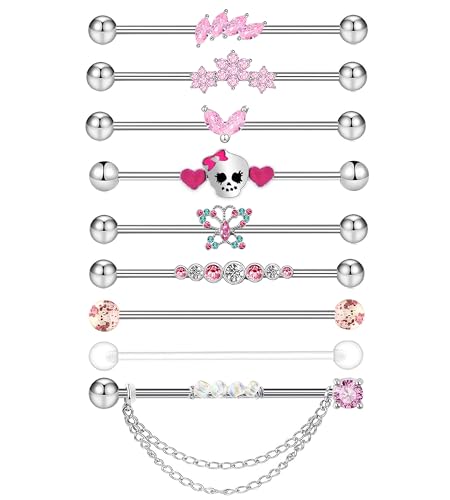 Suotarn 14G Industrial Piercing Jewelry For Women Men Stainless Steel 38 Industrial Barbell Long Cartilage Helix Conch Earrings Stud 14G Gauges Industrial Jewelry Butterfly Heart Cool 7-18pcs - color: pink
