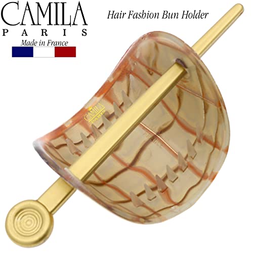 Camila Paris CP3341 French Hair Bun Holder Cover Cap Hair Updo, White and Gold, Hair Pin Thru, Strong Hold Grip Hair Clips for Women, No Slip and Durable Styling Girls Hair Accessories, Made in France - color: White/Gold