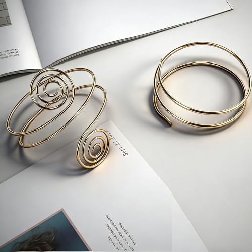 2Pcs Minimalist Simple Swirl Upper Arm Cuff Bracelets for Women Arm Bangle Armlets Adjustable - color: gold