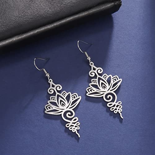 TEAMER Stainless Steel Lotus Flower Dangle Earrings Bohemian Drop Earring Unique Geometric Jewelry for Women - color: Lotus 2-Steel Color