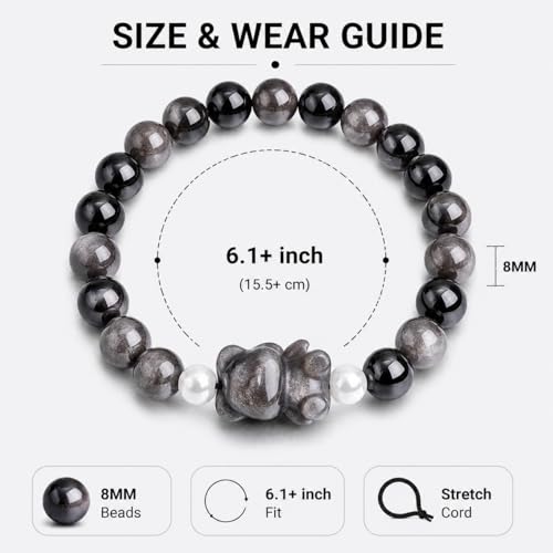 Beaded Bracelets for Women, Black Obsidian Money Attraction Bracelet, 8mm Healing Relax Anxiety Luck Crystal Bead Bracelets, Adjustable Jewelry Feng Shui Stretch Bracelet Cat Lover Gifts for Women Men - color: Black Bear