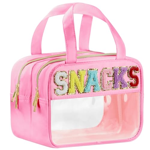 BuyCard Chenille Letter Clear Snack Makeup Bags, Waterproof Large Clear Travel Toiletry Bag, Nylon Snacks Cosmetic Pouch Bag with Handles and Zipper, Storage Bag for Women, Pink - color: Pink-Snacks