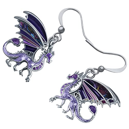 Enamel Alloy Dinosaur Fantasy Dragon Earrings Drop Dangle Unique Animal Jewelry For Women Dragons Gifts - color: Orchid Purple