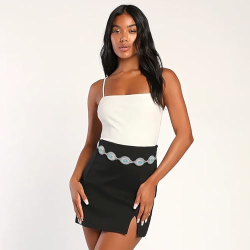 Women Western Chain Belt Adjustable Turquoise Metal Waist Chain Boho Chain Link Belt for Jeans or Dresses - color: Turquoise Silver, size: L: 53.1 in/135 cm