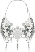 Women's Metallic Sequin Halter Body Chain Top, Adjustable Size, Backless Design, Festival Rave Outfit（Silver）
