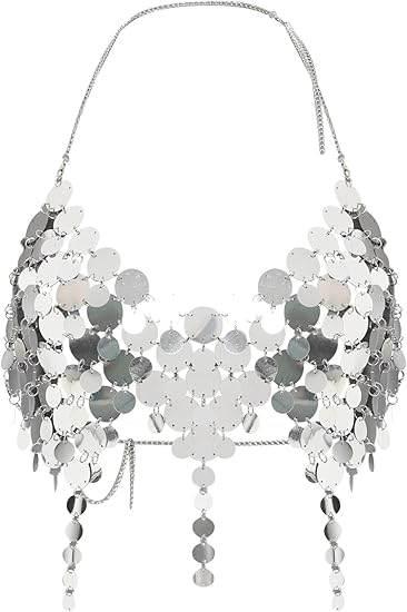 Women's Metallic Sequin Halter Body Chain Top, Adjustable Size, Backless Design, Festival Rave Outfit（Silver）