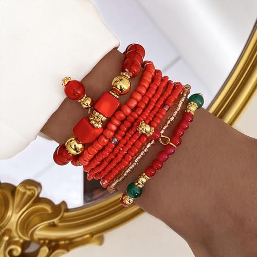 IFKM 8PCS Beaded Bracelets for Women, Multilayered Stackable Strand Stretch Bead Bracelet Pack Handmade Trendy Bohemian Charm Jewelry - color: Red