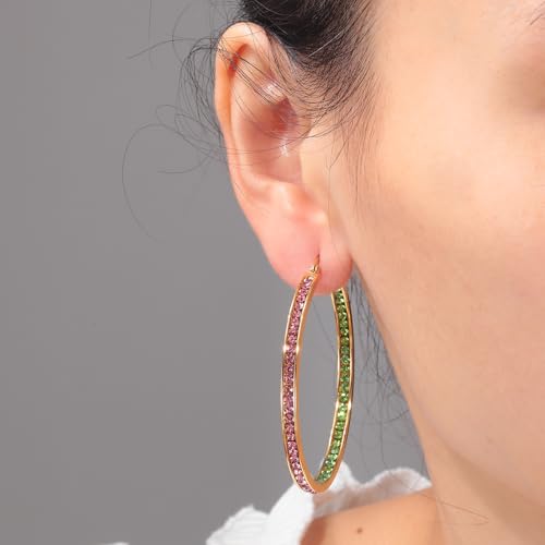 CiNily Mult-colors Crystal Stainless Steel Hoop Earring for Women Hypoallergenic Jewelry for Sensitive Ears Large Big Hoop Earrings 2" - color: Gold-Pink and Green