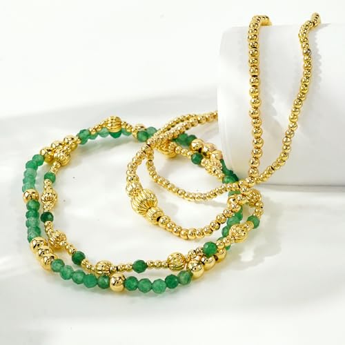 Dainty 14K Gold Lantern Beaded Bracelets Stack for Women,4PCS Colorful Glass Beads Stretch Stackable Bracelets Set Fashion Prom Jewelry Gift Friendship - color: Green