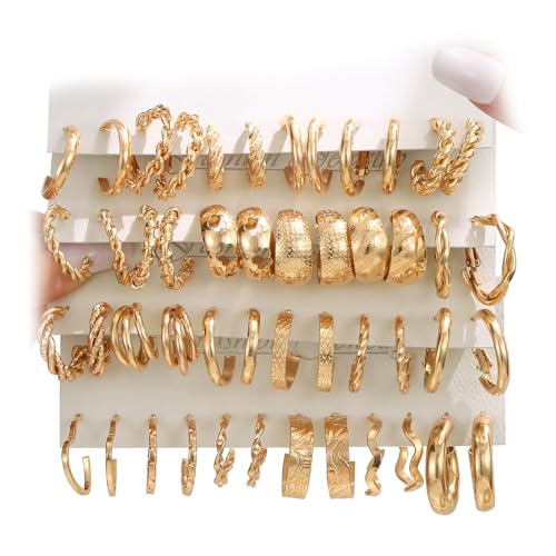 24 Pairs Gold Hoop Earrings Set for Women Hypoallergenic Chunky Chain Twisted Open Hoops Dangle Earring Packs for Birthday Party Fashion Jewelry Gift - color: Gold