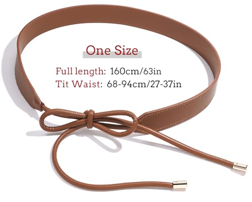 Women PU Leather Tie Waist Belts Knotted Thin Skinny Rope Waistband - color: Brown