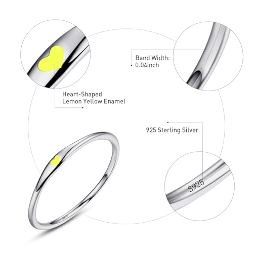 925 Sterling Silver Heart Ring for Women, 1mm Ultra Thin 14K Plated Gold Hypoallergenic Wedding Band with Black/Yellow/Red/Blue/Pink Love, Promise Stack Travel Jewelry Gifts Size 5-10 - color: E-Silver-Yellow