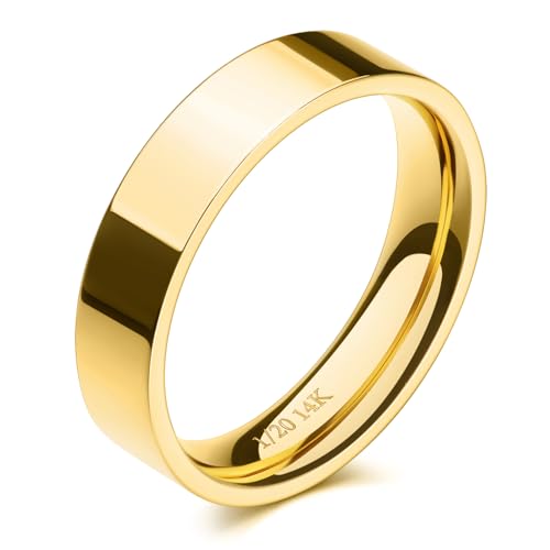 NOKMIT 5mm 14K Gold Filled Rings for Women Girls Dainty Thick Wedding Band Couple Anniversary Engagement Thumb Ring Gifts High Polished Plain Flat Cigar Band Tarnish Resistant Comfort Fit Size 4 to 11 - color: Gold