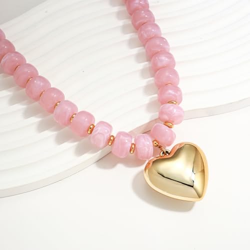 WOWORAMA Chunky Heart Necklaces for Women Colorful Resin Beaded Choker Necklace Gold Puffy Heart Statement Necklace Trendy Acrylic Choker Jewelry - color: Pink