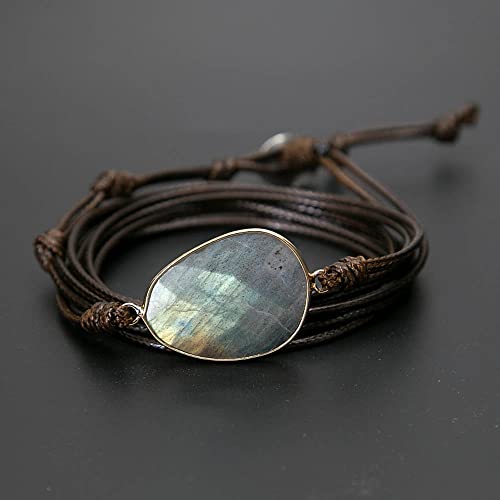 Women Wrap Bracelet Boho Natural Jasper Crystal Stone Beads Strand Bracelets - color: Gray Labradorite