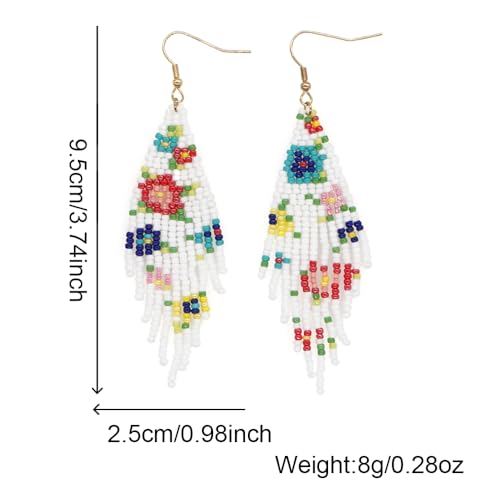 Flower Black Beaded Long Tassel Western Native American Earrings For Women Dangling - color: white
