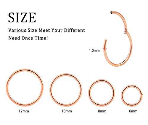 4Pcs 16G 18G 20G Surgical-Steel-Piercing-Ring-Nose-Rings-Hinged-Hoop-Earrings,6mm 8mm 10mm 12mm Seamless Stainless Steel Clicker Eyebrow Septum Piercing Hoop,Sliver Black Gold Rose Gold Rainbow Body Jewelry Set - color: 18G Rose Gold