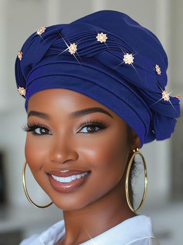Woeoe Women African Turban Pre-Tied Twisted Beanie Cap Headwear Rhinestone Soft Stretchy Head Turbans - color: Royal Blue