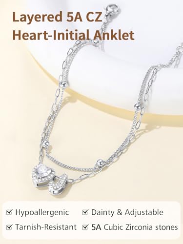 FindChic Silver/14K Gold Plated Layered CZ Initial Ankle Bracelet for Women | Waterproof Stainless Steel, Cubic Zirconia Letter Charm, Non-Tarnish, Hypoallergenic, Adjustable Extender, Summer Jewelry - color: Silver-CZ Heart, size: I