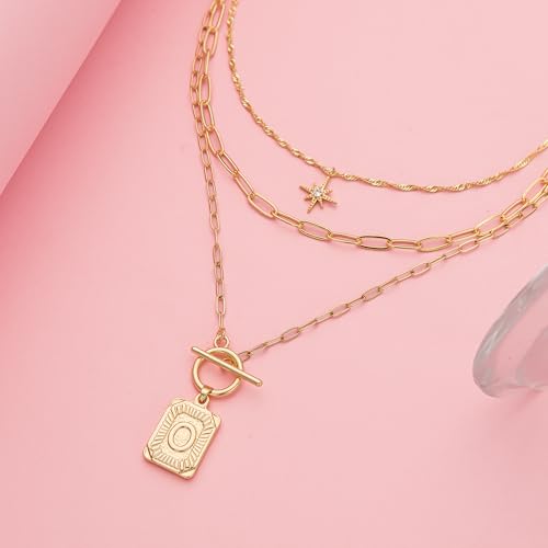 Paxuan Dainty Gold 3-Layer Personalized Initial Necklace for Women - 18K Gold Layered Letter Pendant Necklace Adjustble Paperclip Chain Choker Necklace Jewelry Gifts with Star Charm - style: Letter O