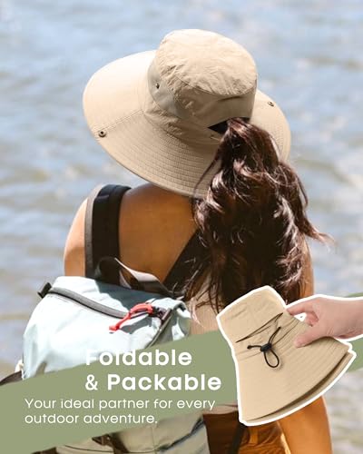 FURTALK Womens Sun Hat with Ponytail Hole Beach Hiking Summer Wide Brim UPF 50+ Outdoor Protection Foldable Bucket Hat - color: Khaki