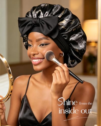YANIBEST Adjustable Satin Bonnet for Sleeping Women Double Layer Hair Wrap Reduce Friction Prevent Frizz Natural Curly Hair - color: Blackgold Leaf