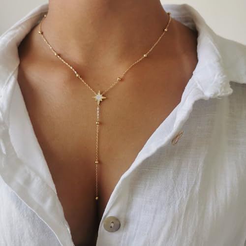 Gold Necklace for Women - Dainty Long Lariat Necklace 14K Gold Plated Clover Star Teardrop CZ Y Shaped Drop Necklaces Cute Long Necklaces for Women Trendy Prom Formal Womens Jewelry - color: Gold-Star Drop