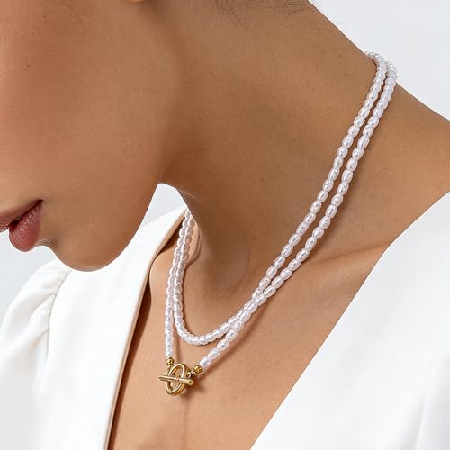 Red Beaded Necklace for Women Choker Gold Toggle Clasp Layered Stack Dainty Statement Western Boho Trendy Summer Vacation Necklaces Birthday Jewelry Gifts - color: D:pearl Necklace