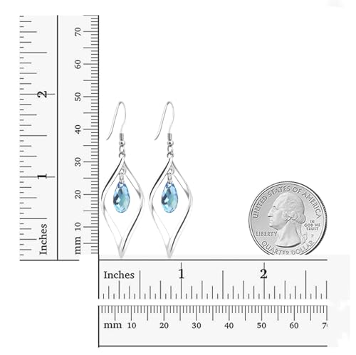 Rhodium Plate 925 Sterling Silver Hook Twist Leaf Holiday Hypoallergenic Dangle Earrings for Women Gifts Engagement Wedding with Austrian Daiamond Cut Waterdrop Crystal Hight Polished Long :1.9 IN - color: sea blue