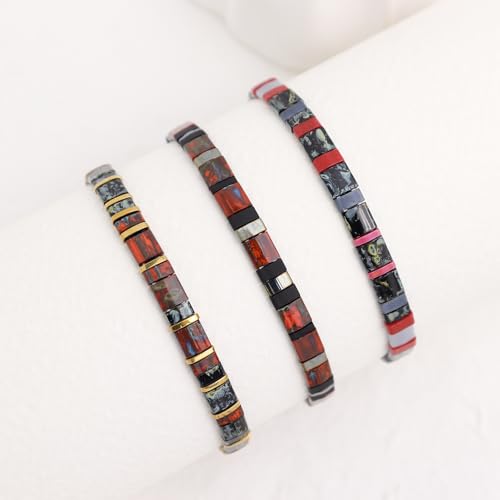 Sonateomber Tila Flat Beaded Stretch Stack Bracelets Set for Women, Trendy Stackable Colorful Glass Square Beads Bracelet Friendship Accessories Jewelry Gift - color: Gold Black Red Gray