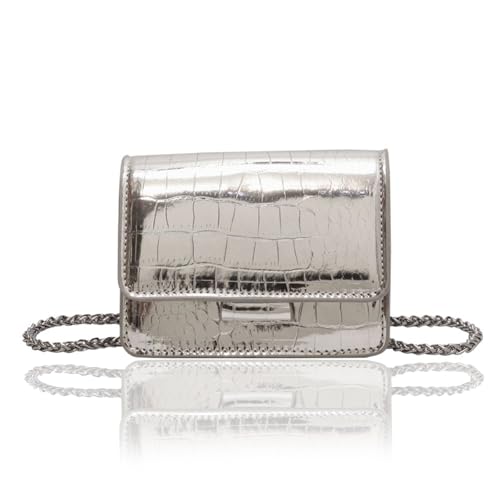 Small Crossbody Purse Bag for Women，Y2K Cute Metallic Croc-Embossed Handbag with Chain Strap - color: Mini Silver