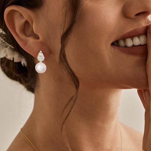 Pearl Earrings for Women, Dainty Wedding Bridal Earrings 14k Gold Plated CZ Pearl Drop Earrings for Women Trendy Hypoallergenic Unique Gold Drop Earrings Fashion Prom Jewelry - color: Gold-M