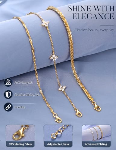 Fansilver 3 Pcs Silver/Gold Bracelets for Women Trendy 925 Sterling Silver Stackable Bracelet Set Adjustable Bracelet Link Chain Cubic Zirconia Bracelets Waterproof Jewelry Set - color: Gold tone