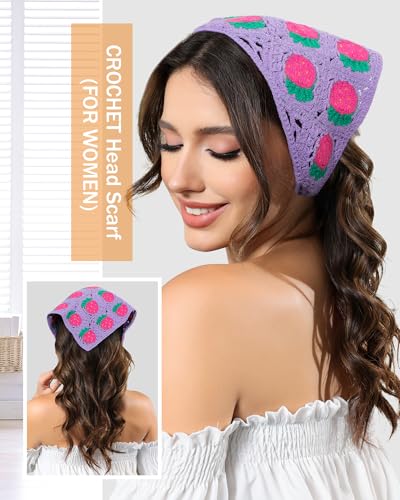 AWAYTR Crochet Head Scarf Hair Bandanas Women Knit Bandana Headband Scarf Tie-Back Head Coverings Floral Headscarf - color: White / Purple / Pink