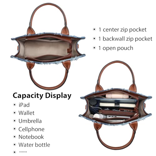 Denim Tote Bag for Women Top Handle Satchel Purse Boho Shoulder Handbags with Wristlet - color: Blue