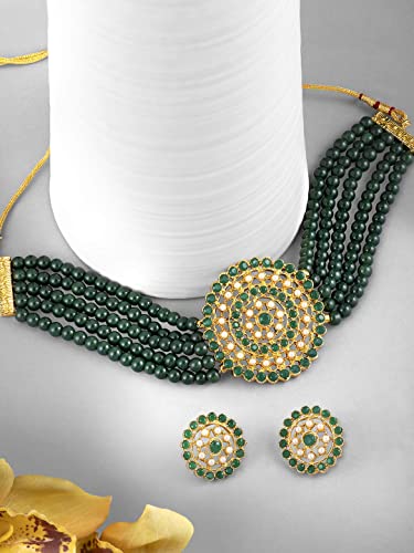Aheli Pearl Diamond Choker Necklace & Round Earrings Gift for Women Indian Traditional Bollywood Fashion Bharatanatyam jewellery set - color: Green 1