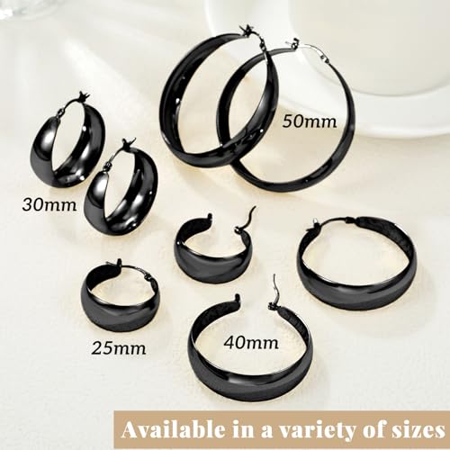 Senteria 12mm Wide Thick Hoop Earrings 925 Sterling Silver Hoop Earrings for Women Hypoallergenic 14K Real Gold Plated Hoops Large Earring Lightweight Chunky Hoops Earring for Women 25/30/40/50MM - color: Black-50mm