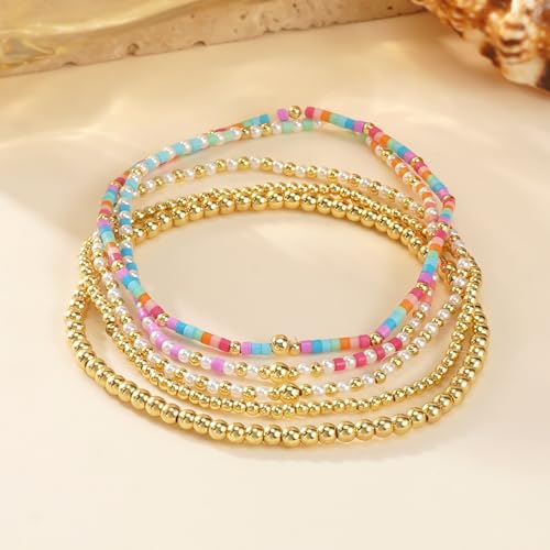 14K Gold Plated Beaded Bracelets Stack Set for Women,Stretch Boho Colorful Beads Ball Jewelry Friendship Summer Trendy - color: Pink
