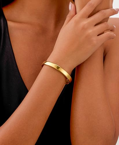 BE & CHEERY Gold Bangle Bracelet for Women, 14k Gold Plated Open Bangle, Stackable Stainless Steel Cuff Bracelets, Chunky Fashion Jewelry for Women, Trendy Elegant Design Bangle as Gifts - style: Polished