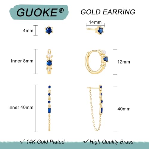 3 Pairs Small Earring Stacks, 14K Gold/Silver/Black/Rose Gold Plated Pearl Heart Butterfly Star Diamond Charm Drop Huggie Earrings Trendy Jewelry Gift for Women - color: Gold-Blue Chain