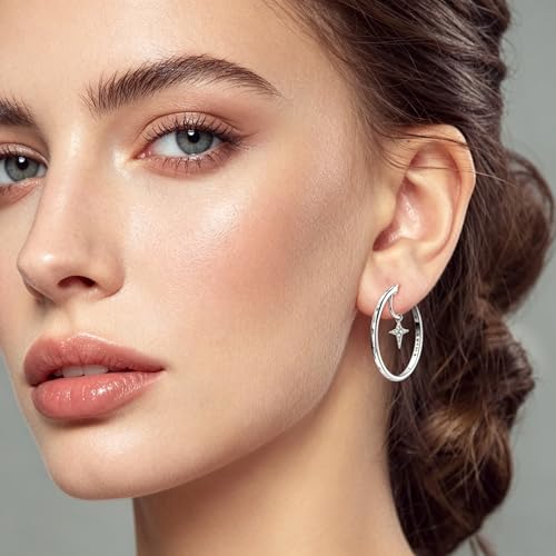 NARMO 925 Sterling Silver Hoop Earrings for Women Hypoallergenic Lightweight Simple Huggie Hoop Earrings Twisted Hoop Earrings Colorful Cubic Zirconia Hoop Earrings Rainbow Hoop Earrings - color: Moon&Star
